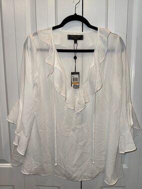 Max Studio Cream Ruffle V-Neck Tie Blouse